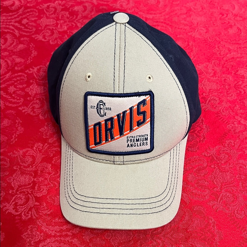 Orvis Two-Tone Tan & Navy Snapback Hat Fishing Outdoor Logo Cap Adjustable